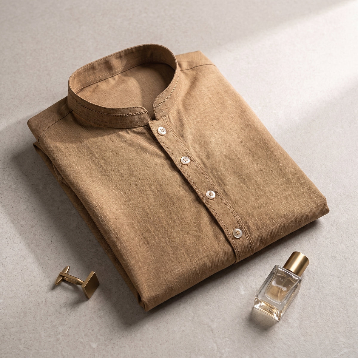 Men's Classic Camel Brown Textured Cotton Kurta | Traditional Mandarin Collar Eastern Wear