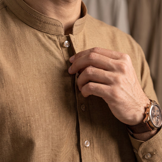 Men's Classic Camel Brown Textured Cotton Kurta | Traditional Mandarin Collar Eastern Wear