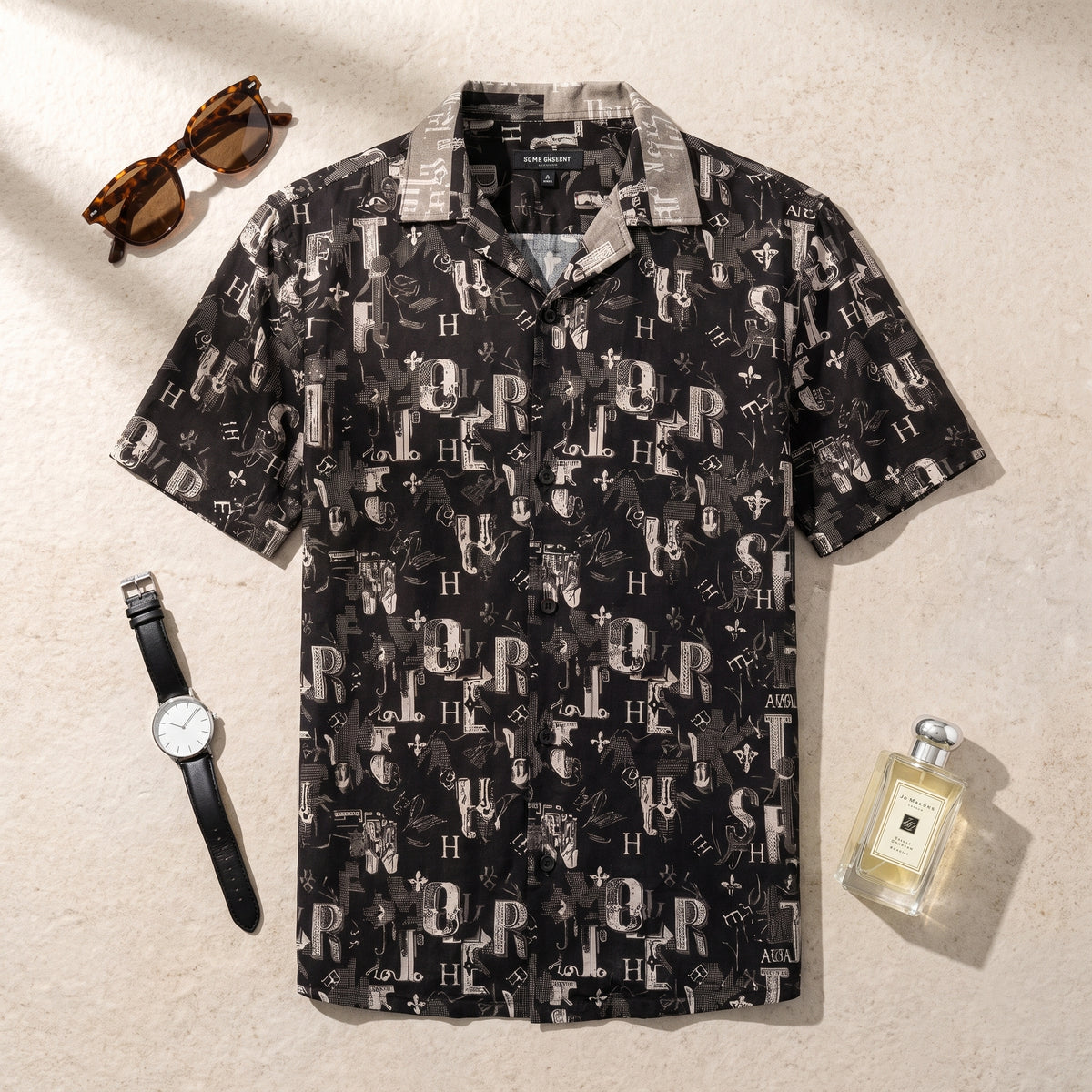 Men's Black Monogram Print Short-Sleeve Resort Shirt | Relaxed Fit Cuban Camp Collar Summer Shirt