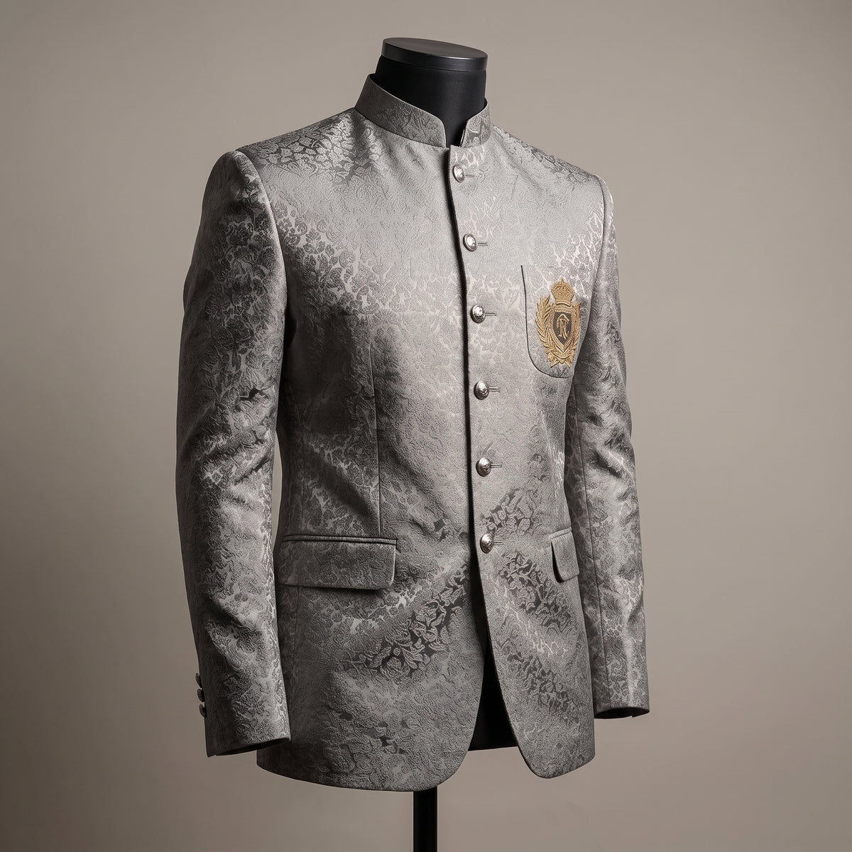 Men's Regal Silver-Grey Jacquard Prince Coat