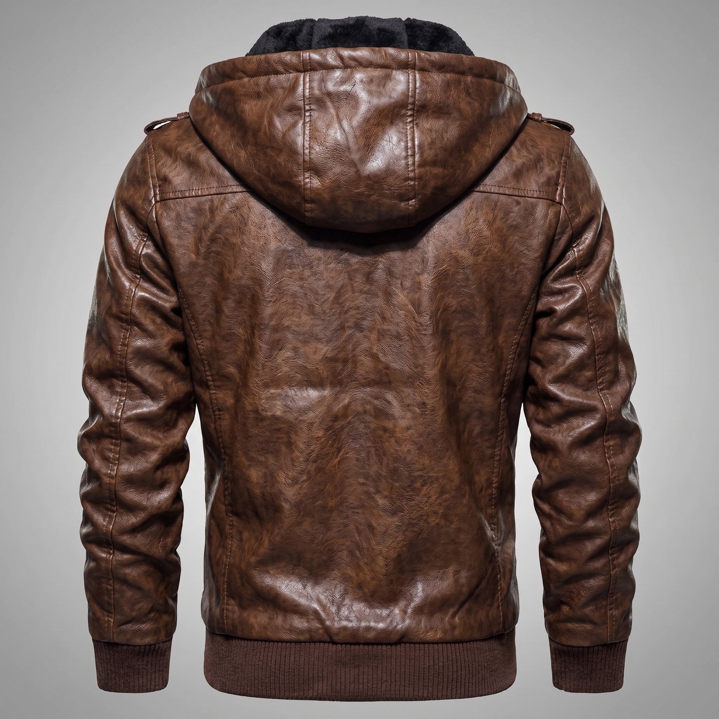 Vintage Brown Genuine Leather Jacket with Thermal Fur Hood & Ribbed Cuffs