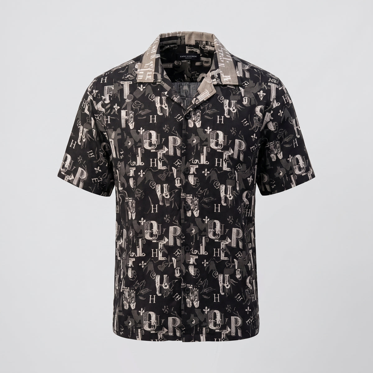 Men's Black Monogram Print Short-Sleeve Resort Shirt | Relaxed Fit Cuban Camp Collar Summer Shirt