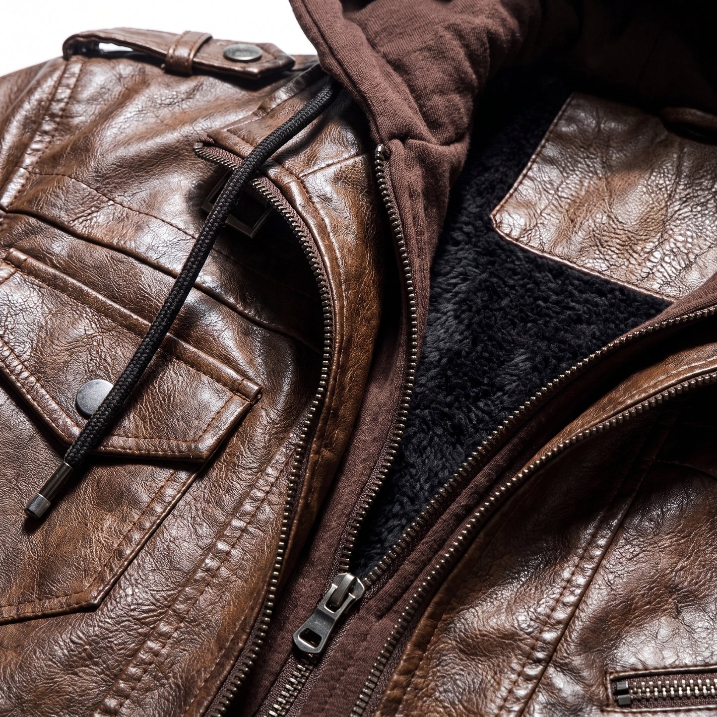 Vintage Brown Genuine Leather Jacket with Thermal Fur Hood & Ribbed Cuffs