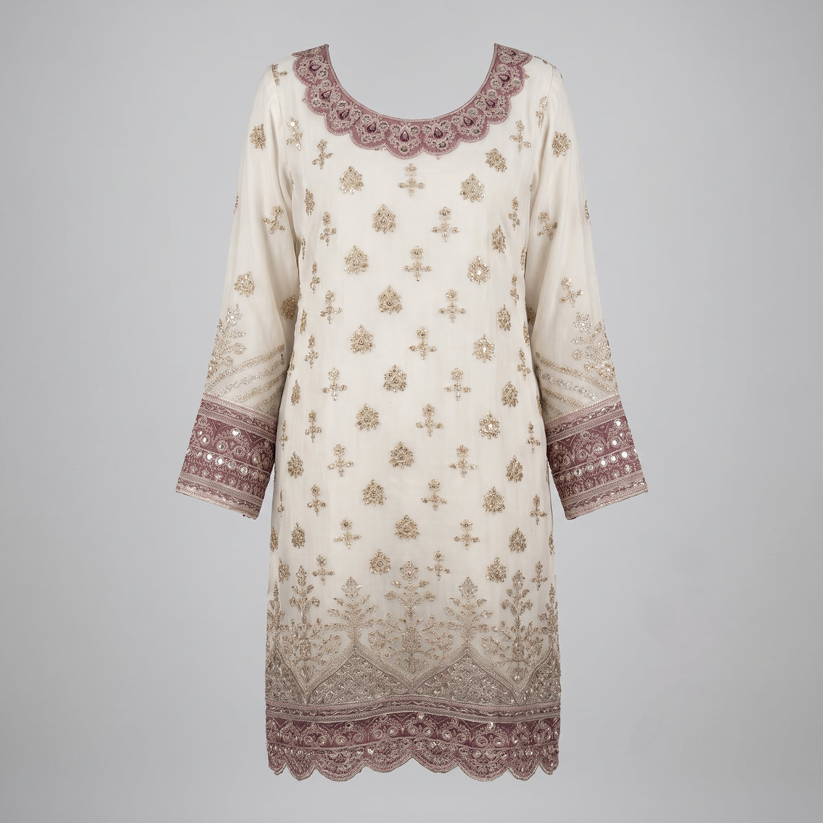 Women's Embroidered Ivory Organza Kurti | Handcrafted Mirror-Work & Scalloped Neckline Festive Tunic