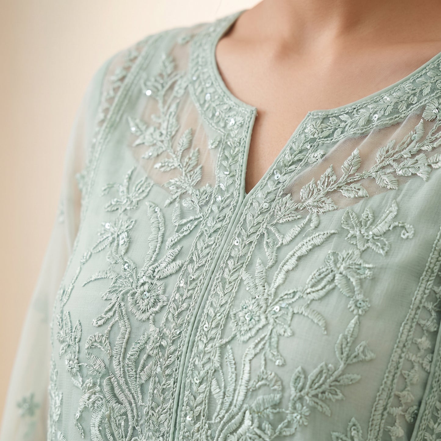 Luxury Embroidered Mint Green Chiffon 3-Piece Formal Suit
