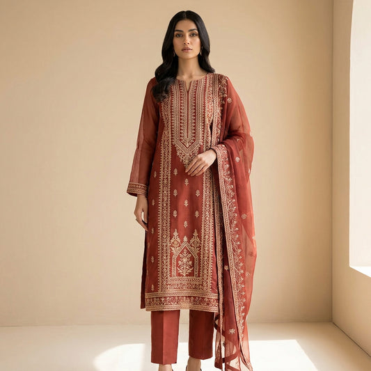 Aleez Luxury Embroidered Rust 3-Piece Suit | Traditional Festive Collection