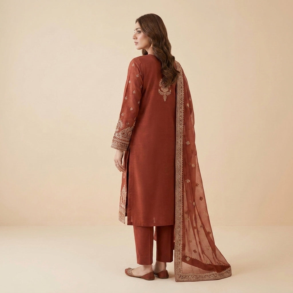 Aleez Luxury Embroidered Rust 3-Piece Suit | Traditional Festive Collection
