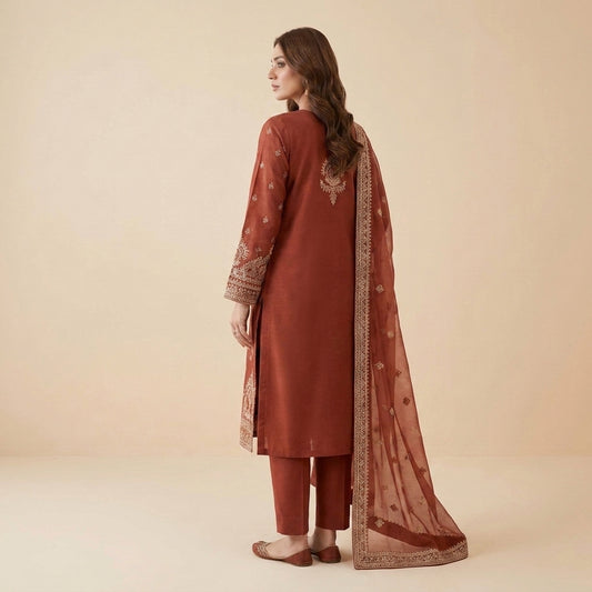Aleez Luxury Embroidered Rust 3-Piece Suit | Traditional Festive Collection