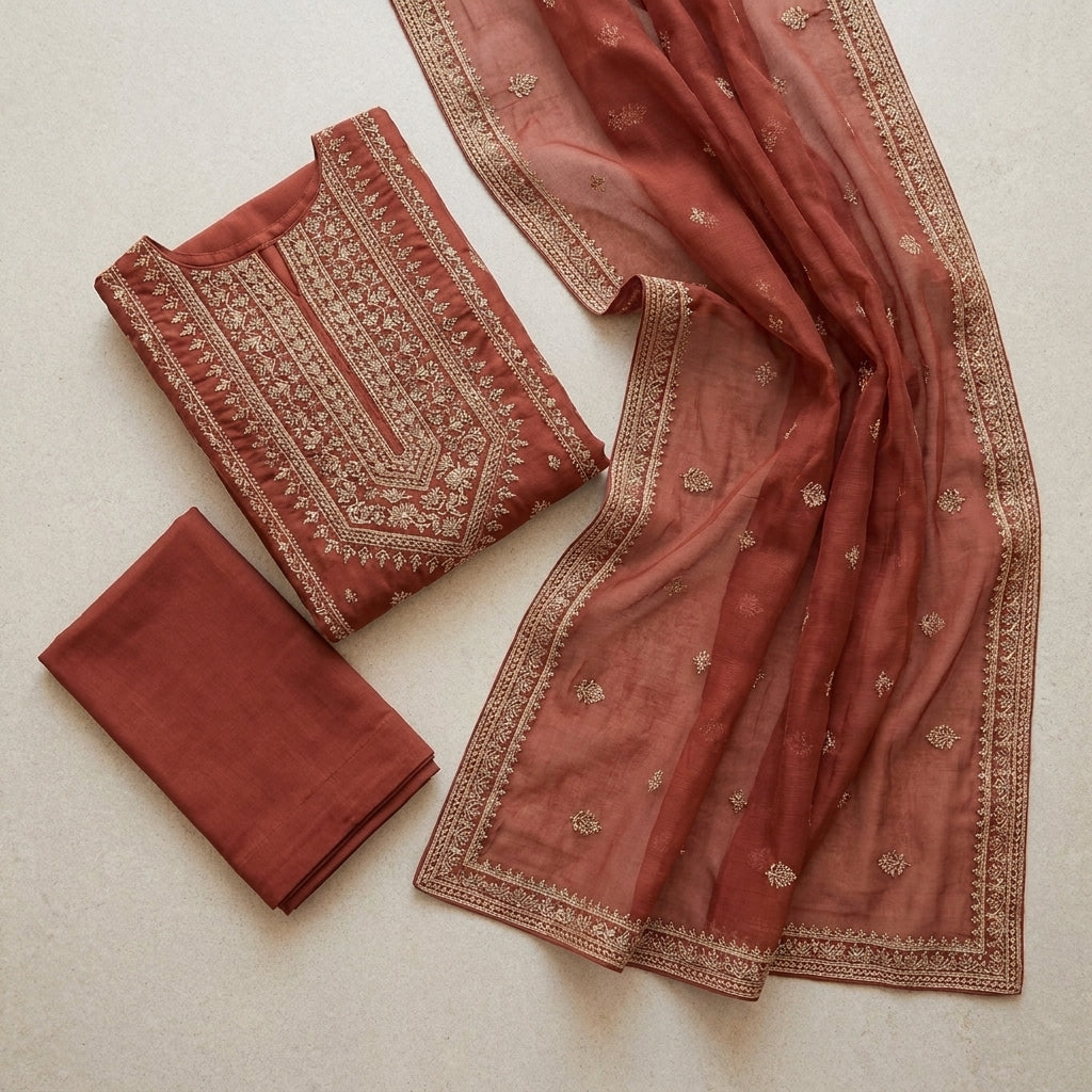 Aleez Luxury Embroidered Rust 3-Piece Suit | Traditional Festive Collection