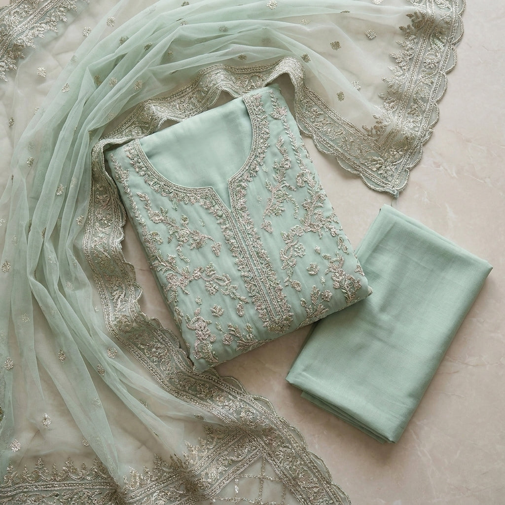 Luxury Embroidered Mint Green Chiffon 3-Piece Formal Suit