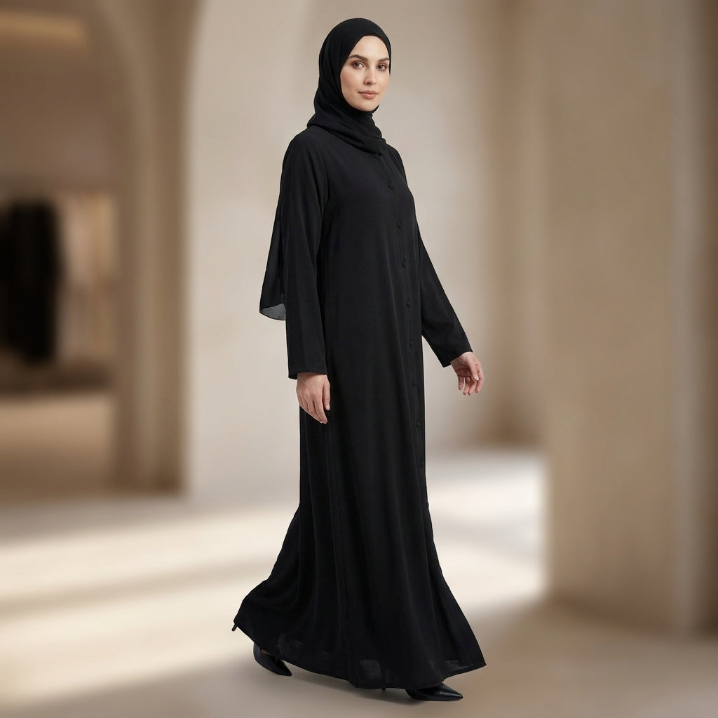 Premium Korean Nida Front-Open Black Abaya