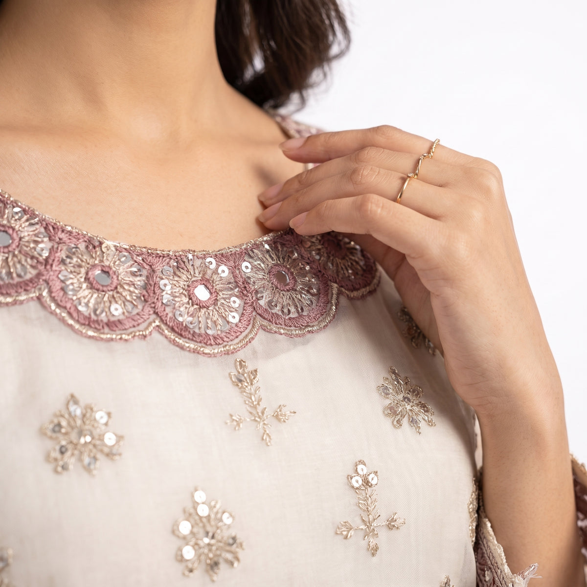Women's Embroidered Ivory Organza Kurti | Handcrafted Mirror-Work & Scalloped Neckline Festive Tunic