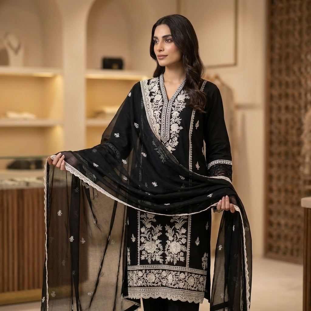 Colorium "Neelam" Luxury Embroidered Black Lawn 3-Piece Suit