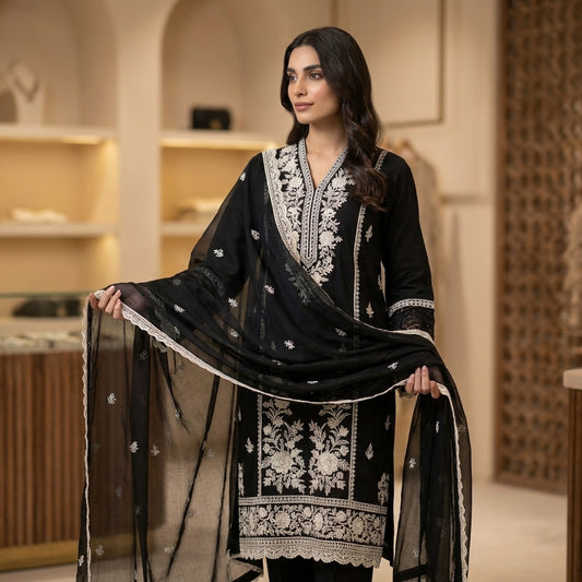 Colorium "Neelam" Luxury Embroidered Black Lawn 3-Piece Suit