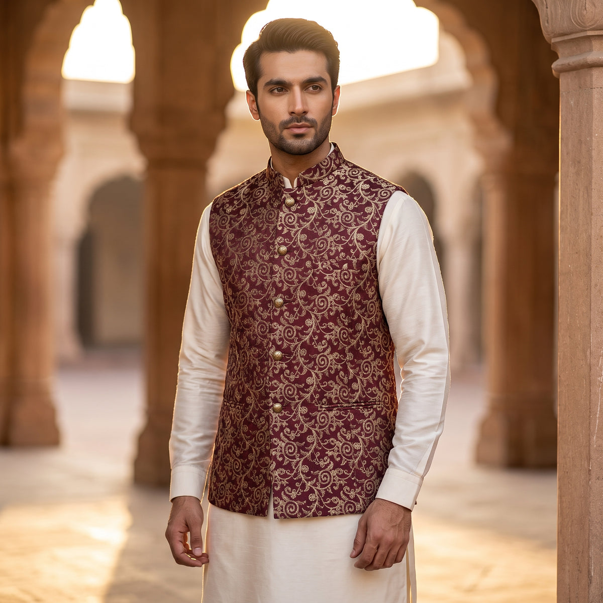 Men's Maroon & Antique Gold Brocade Waistcoat