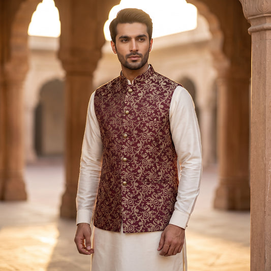 Men's Maroon & Antique Gold Brocade Waistcoat