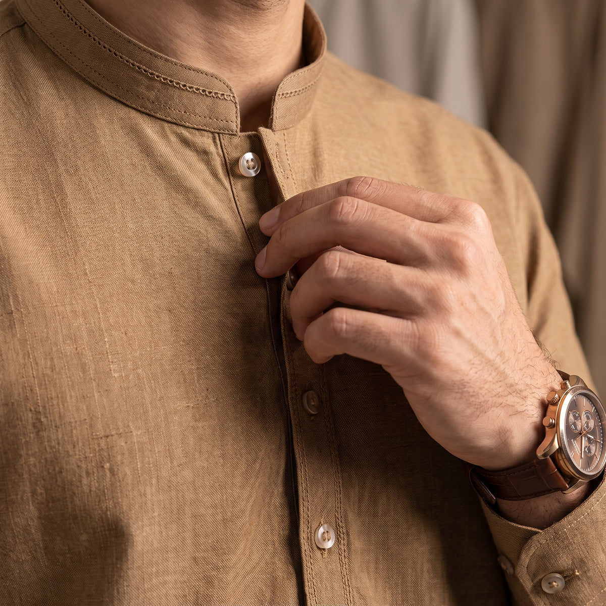 Men's Classic Camel Brown Textured Cotton Kurta | Traditional Mandarin Collar Eastern Wear