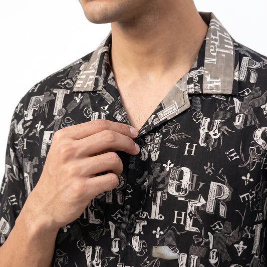Men's Black Monogram Print Short-Sleeve Resort Shirt | Relaxed Fit Cuban Camp Collar Summer Shirt
