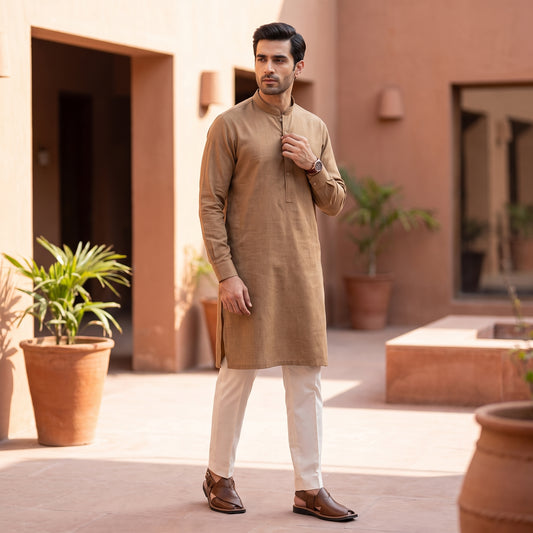 Men's Classic Camel Brown Textured Cotton Kurta | Traditional Mandarin Collar Eastern Wear