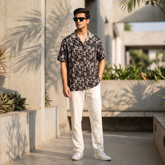 Men's Black Monogram Print Short-Sleeve Resort Shirt | Relaxed Fit Cuban Camp Collar Summer Shirt