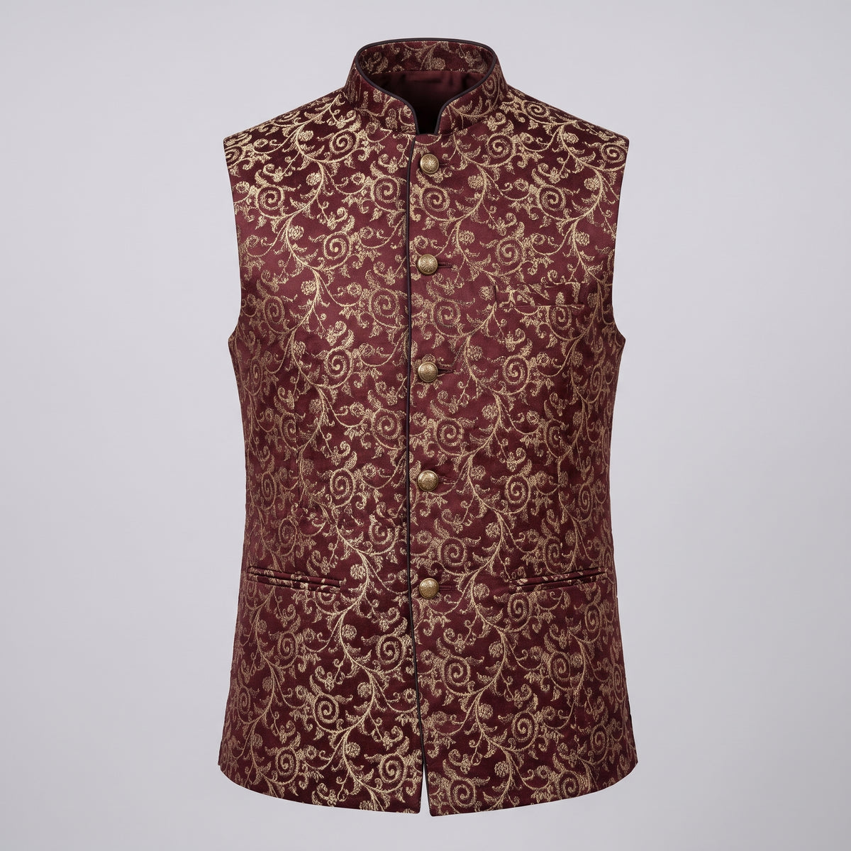 Men's Maroon & Antique Gold Brocade Waistcoat