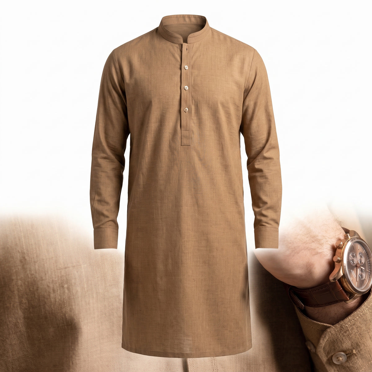Men's Classic Camel Brown Textured Cotton Kurta | Traditional Mandarin Collar Eastern Wear