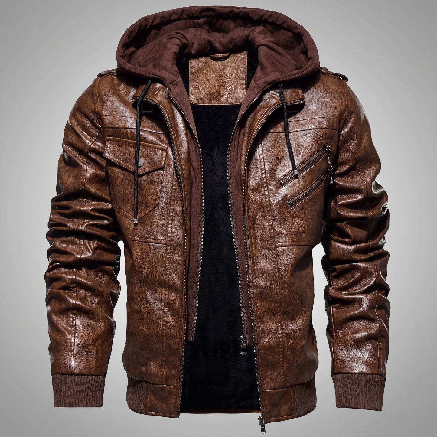 Vintage Brown Genuine Leather Jacket with Thermal Fur Hood & Ribbed Cuffs
