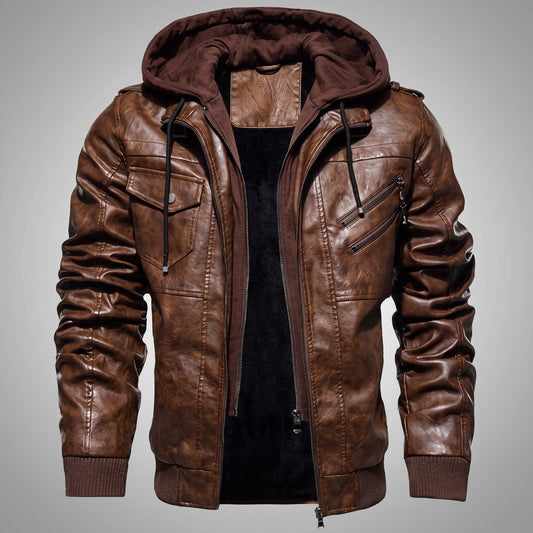 Vintage Brown Genuine Leather Jacket with Thermal Fur Hood & Ribbed Cuffs