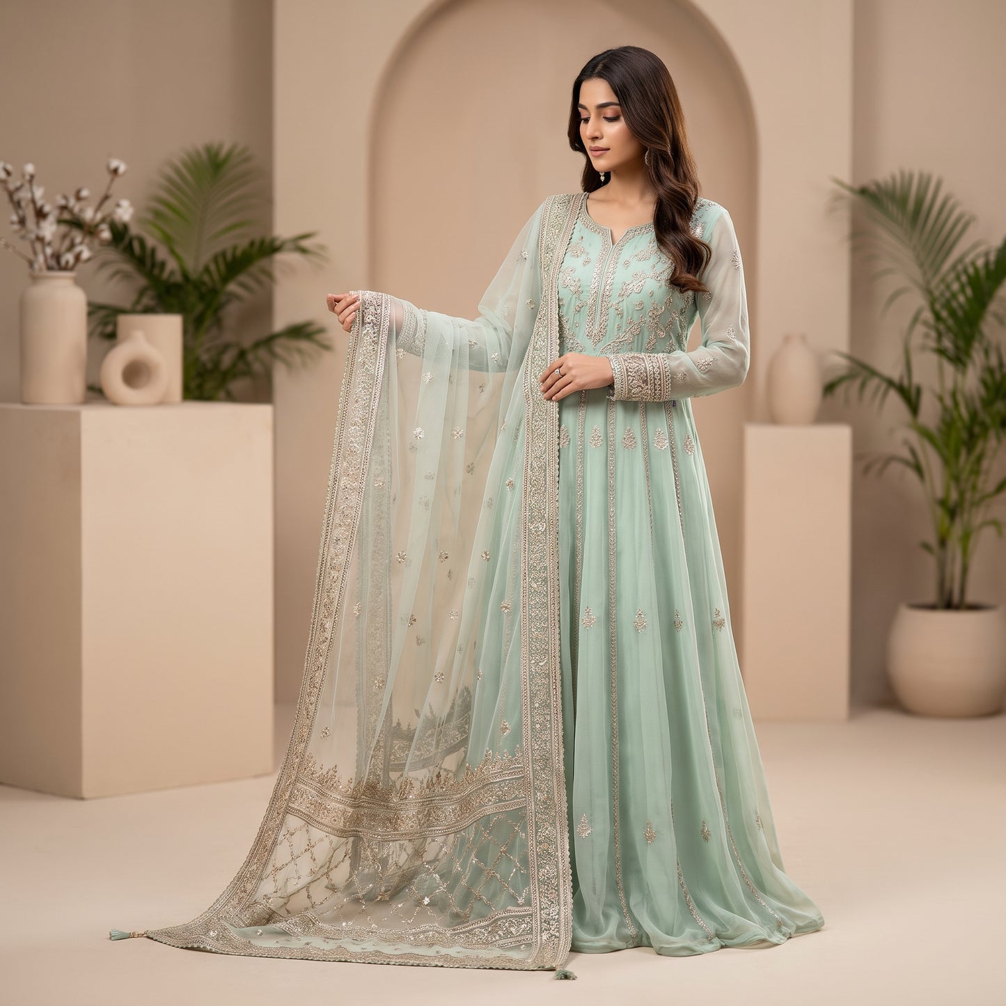 Luxury Embroidered Mint Green Chiffon 3-Piece Formal Suit