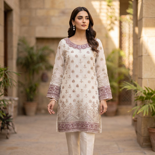 Women's Embroidered Ivory Organza Kurti | Handcrafted Mirror-Work & Scalloped Neckline Festive Tunic