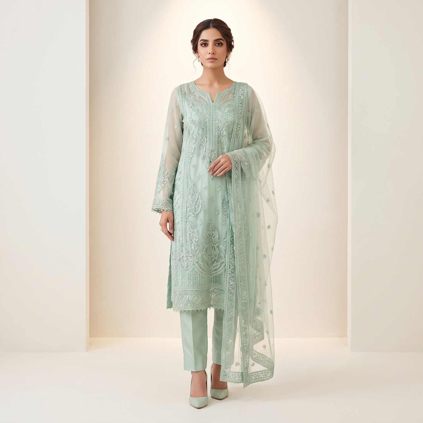 Luxury Embroidered Mint Green Chiffon 3-Piece Formal Suit
