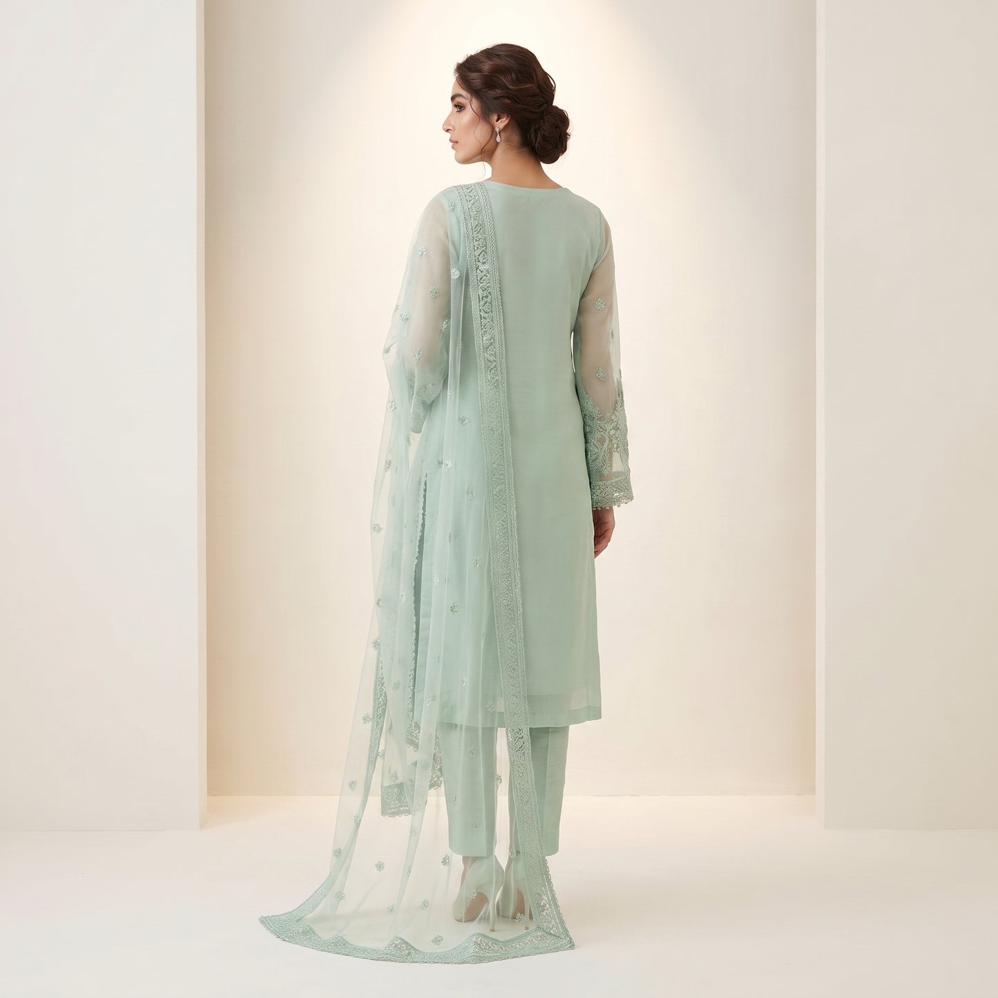 Luxury Embroidered Mint Green Chiffon 3-Piece Formal Suit