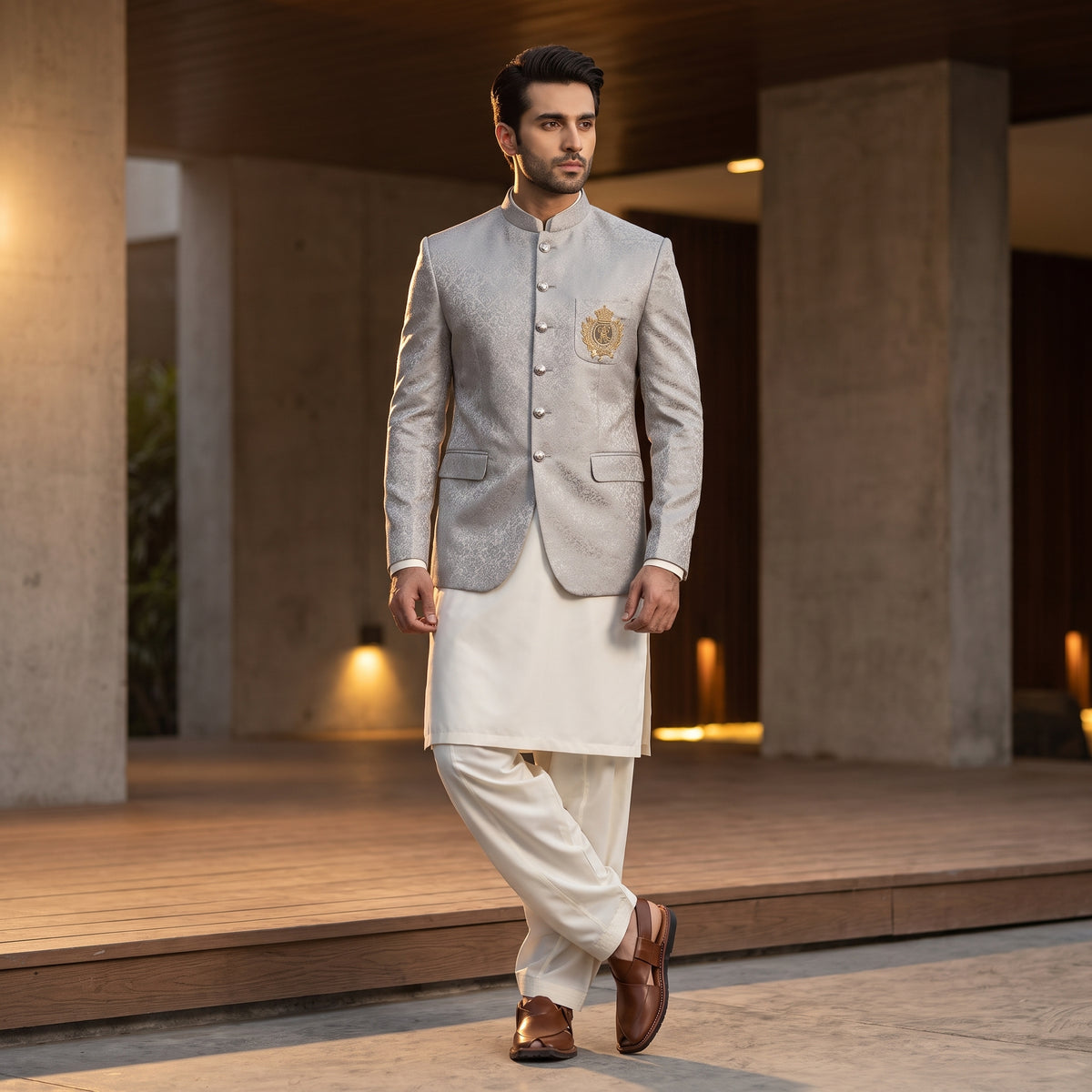 Men's Regal Silver-Grey Jacquard Prince Coat