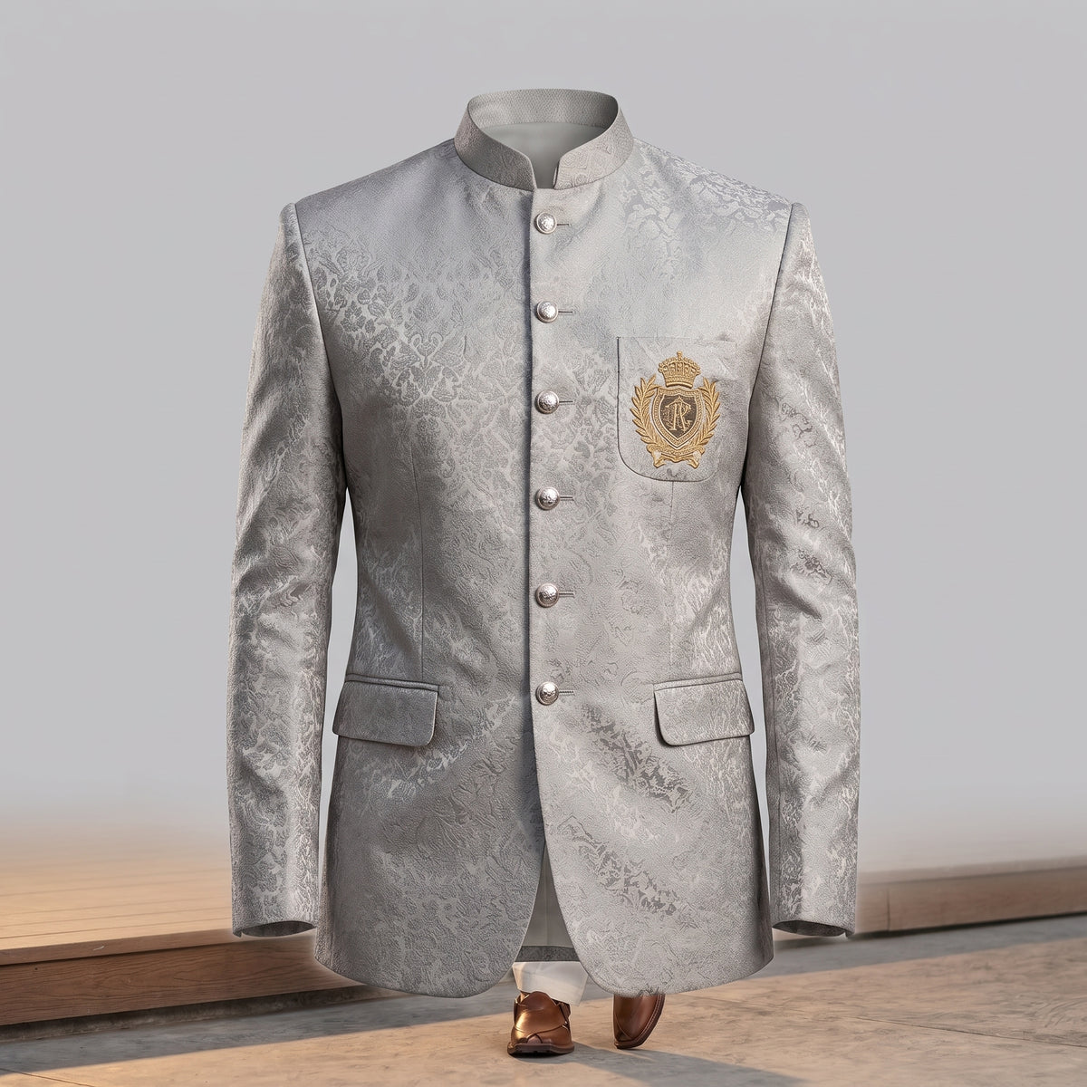 Men's Regal Silver-Grey Jacquard Prince Coat