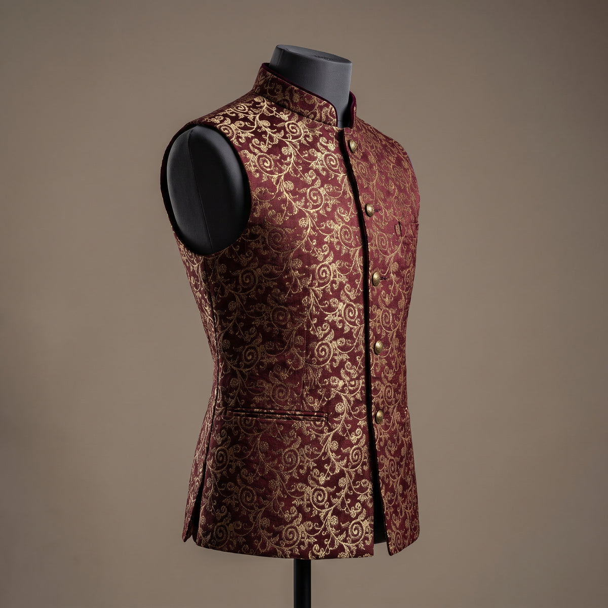 Men's Maroon & Antique Gold Brocade Waistcoat