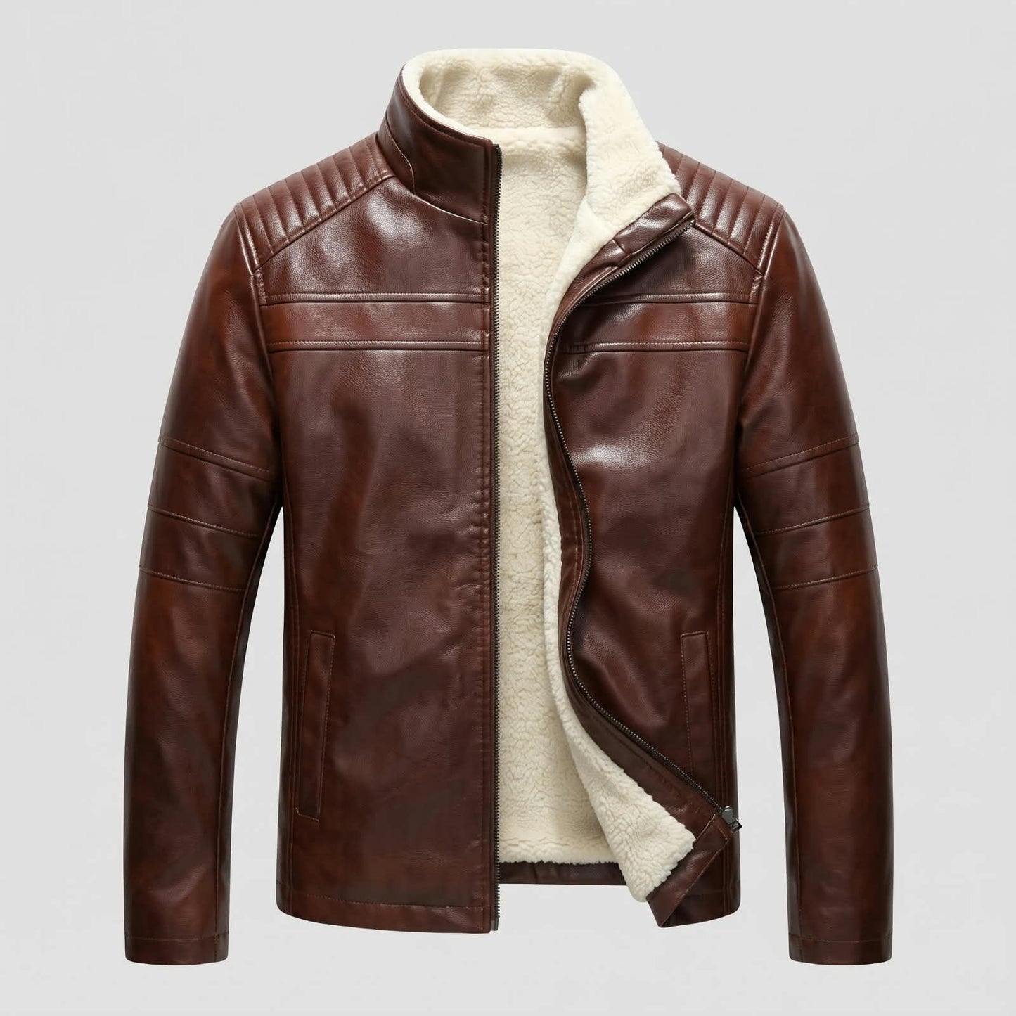 Men’s Heavy-Duty Warm Fleece-Lined Cafe Racer Leather Jacket