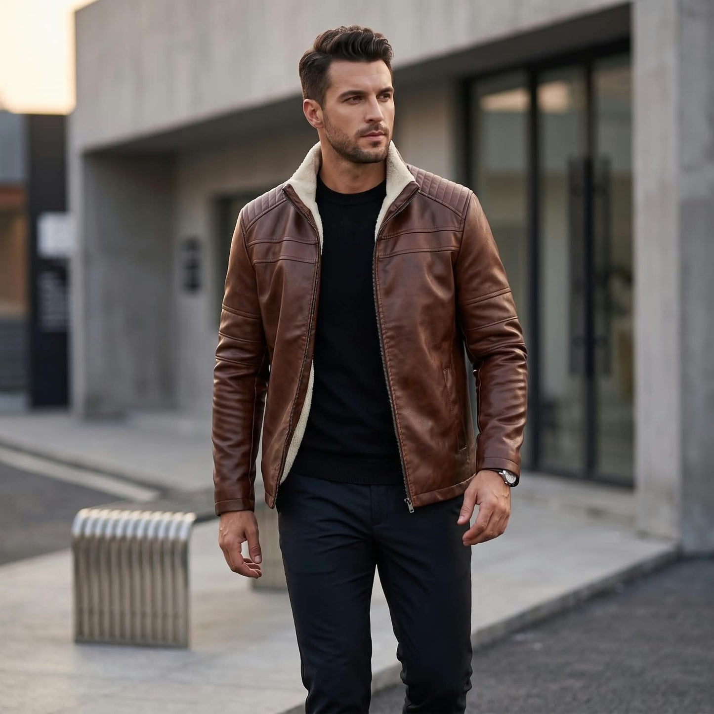Men’s Heavy-Duty Warm Fleece-Lined Cafe Racer Leather Jacket